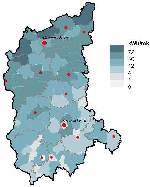 Rys. 54. Potencjał energii wytworzonej w wyniku spalania drewna, możliwej do pozyskania w gminach województwa lubuskiego Rys. 55.