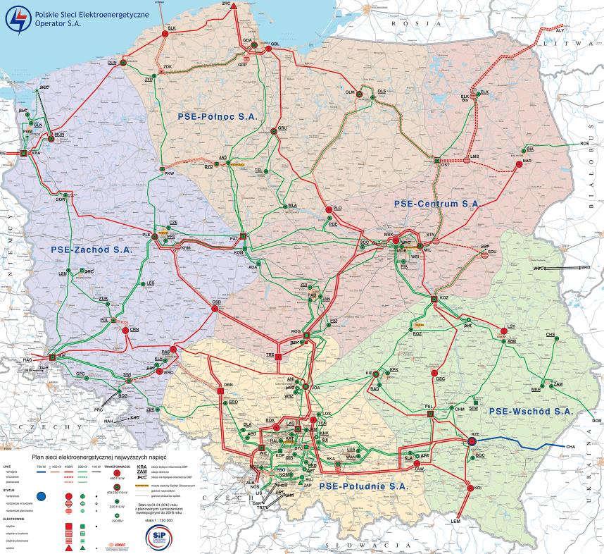 Rys. 40. Plan sieci elektroenergetycznej najwyższych napięć źródło: PSE Polską sieć najwyższych napięć tworzy infrastruktura sieciowa (Rys.