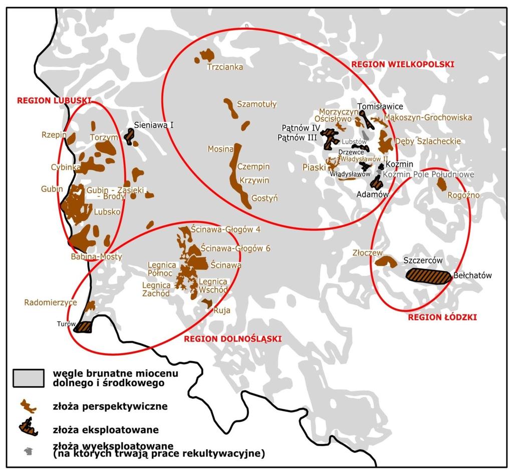 Rozmieszczenie zasobów, wydobycia i wytwarzania energii z węgla brunatnego w Polsce 467,4 [mln t] 4 277,8 [mln t] 6 005,1 [mln t] Węgiel brunatny w Polsce występuje głównie w czterech Regionach: