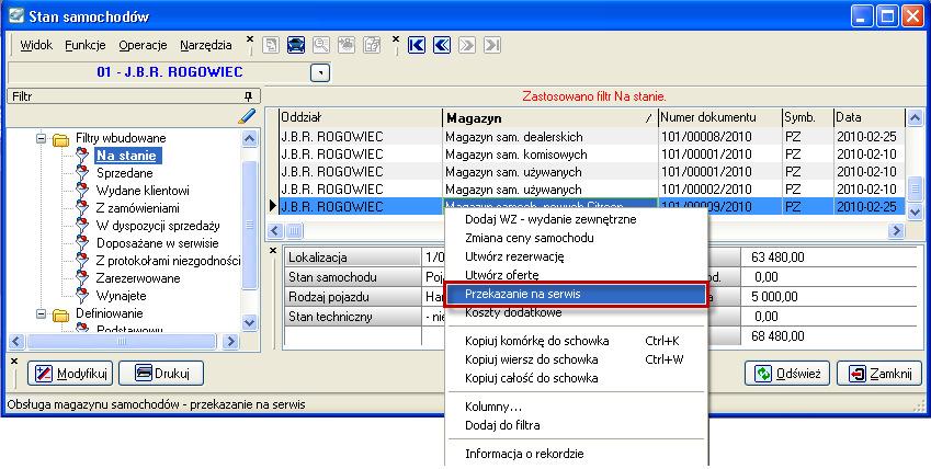 przekazania pojazdu na serwis naleŝy kliknąć pozycję Przekazanie na serwis w wyświetlonym menu (Ekran 3). Ekran 3.