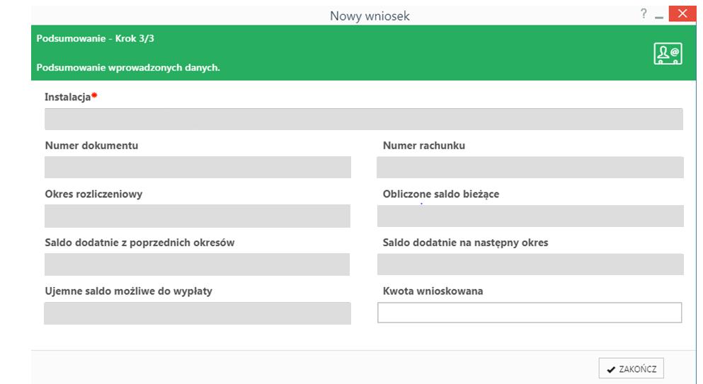 W ostatnim kroku wyświetlone są podstawowe informacje podsumowujące o instalacji, okresie rozliczeniowym, rachunku bankowym, dodatnim oraz ujemnym saldzie obliczonych dla danej instalacji.