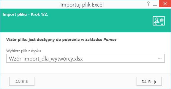 Rysunek 20: Okno wyboru pliku do wczytania danych z arkusza kalkulacyjnego Jeśli portal zweryfikuje format podanych w pliku danych jako prawidłowe, wyświetlony zostanie komunikat z potwierdzeniem