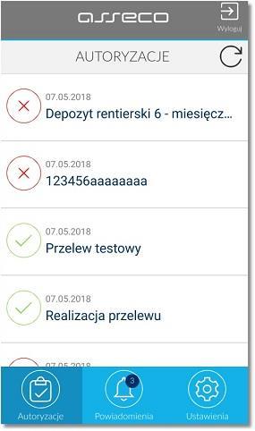 6. Lista dyspozycji do autoryzacji w aplikacji mobilnej Asseco MAA Po wyborze opcji AUTORYZACJE prezentowana jest lista dyspozycji złożonych w systemie bankowości internetowej, dla których wymagana