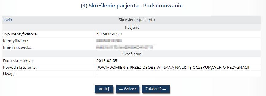 Rys. 6.28 Przykładowe okno skreślenia pacjenta data i powód skreślenia (1) Następnie operator wybiera ze słownika powód skreślenia pacjenta spośród następujących opcji: 1.