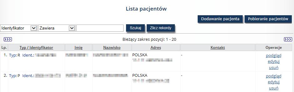 7. Pacjenci Operator systemu po wskazaniu z menu: Kolejki oczekujących, a następnie podmenu: Pacjenci ma dostęp do listy zawierającej pacjentów.