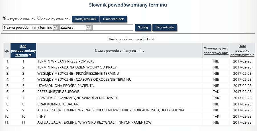 Rys. 9.5 Słownik powodów zmiany terminu W górnej części okna umieszczono warunki filtrowania domyślnie na liście prezentowany jest jeden warunek.