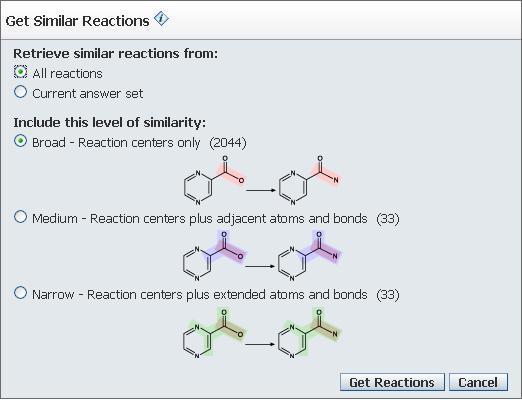 Explore Reactions (Similar Reactions) Korzystając z Similar Reactions, możesz odszukać reakcje: - zbliżone (Broad), biorąc pod uwagę tylko centrum reakcji -