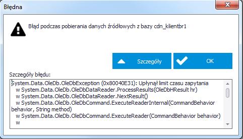 Po dwukrotnym kliknięciu w krok synchronizacji z błędem można uzyskać jego szczegóły. W przedstawionym przykładzie jest to błąd związany z upływem czasu ładowania danych.