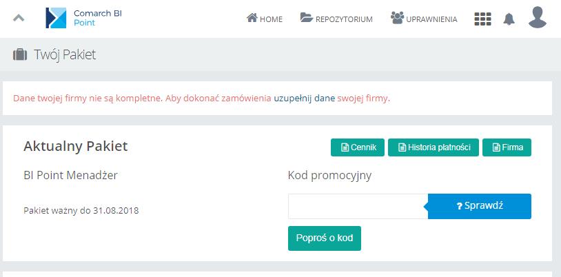 Następnie należy nacisnąć przy Pakiecie przycisk Przedłuż. Rysunek 50 Przedłuż Pakiet Wydłużenie trybu demo możliwe jest za pomocą kodu, który można uzyskać klikając na przycisk Poproś o kod.