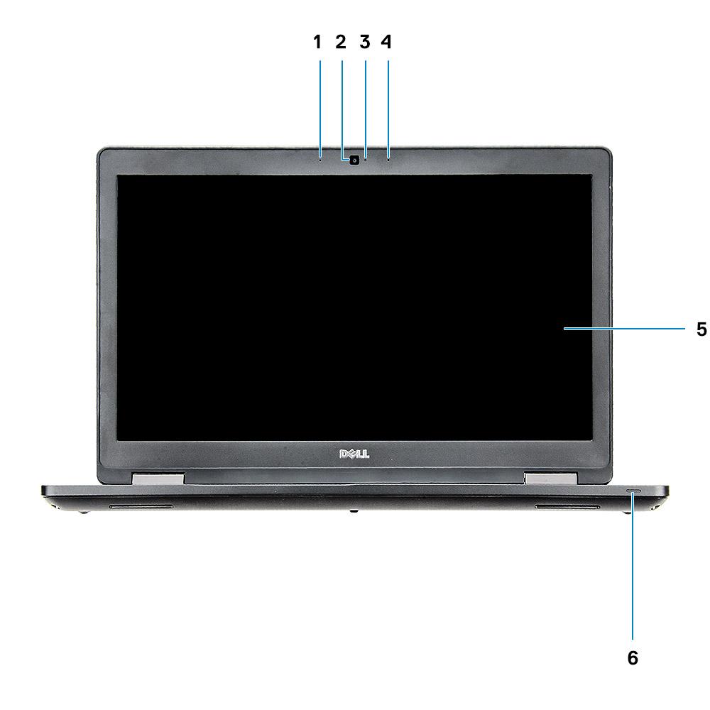 2 Widok obudowy Front open view 1 Array microphone 2 Camera (optional) 3 Camera status light (optional) 4 Array microphone 5 LCD