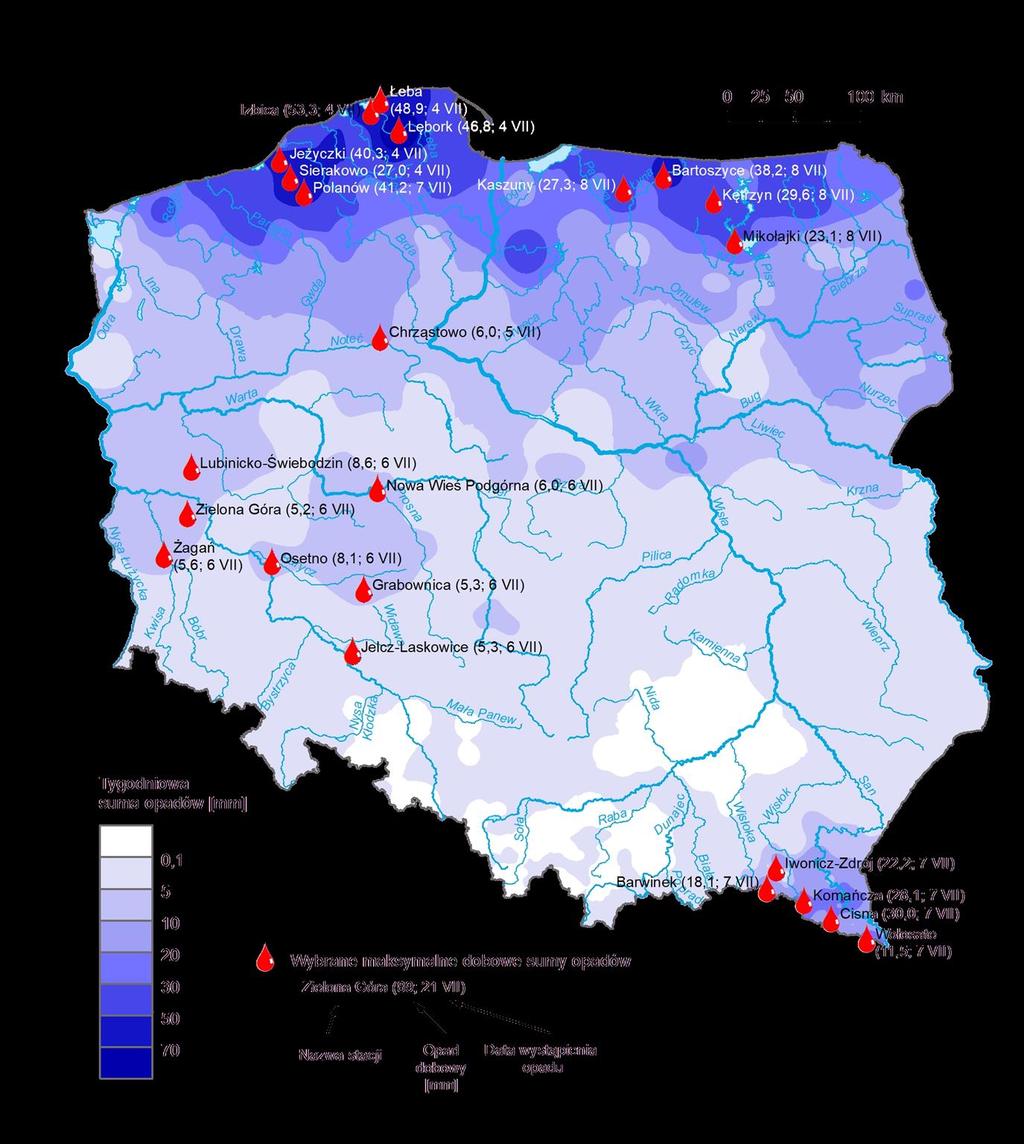 3. Rozkład tygodniowej sumy opadów oraz wybrane maksymalne