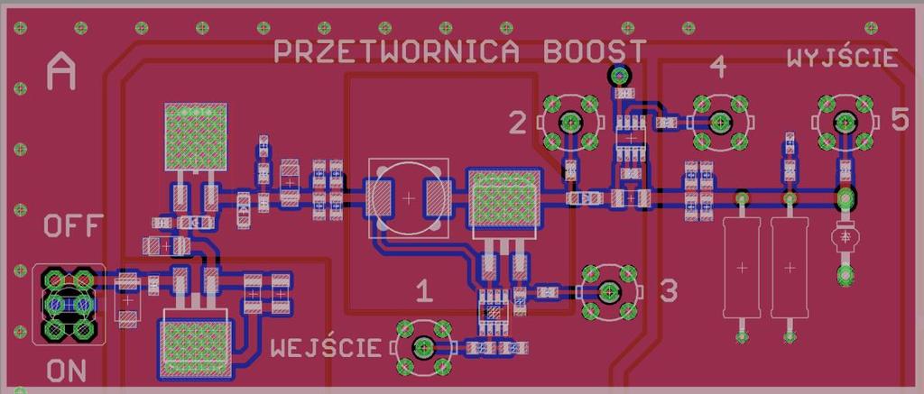 Rys.2.1.1. Część makiety z przetwornicą typu step-up (boost) Rys.2.1.2. Uproszczony schemat elektryczny przetwornicy typu step-up (boost) Gniazdo Wejście (nr 1) służy do podłączenia generatora sygnałowego.