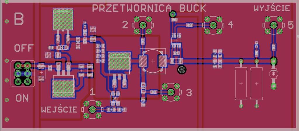 Rys.2.2.1. Część makiety z przetwornicą typu step-down (buck) Rys.2.2.2. Uproszczony schemat elektryczny przetwornicy typu step-down (buck) Gniazdo Wejście (nr 1) służy do podłączenia generatora sygnałowego.