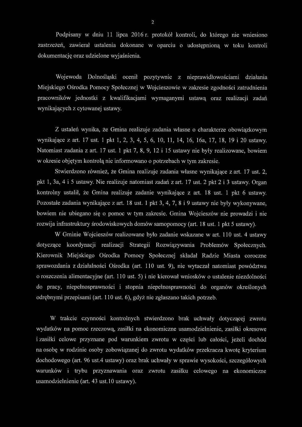 Wojewoda Dolnośląski ocenił pozytywnie z nieprawidłowościami działania Miejskiego Ośrodka Pomocy Społecznej w Wojcieszowie w zakresie zgodności zatrudnienia pracowników jednostki z kwalifikacjami