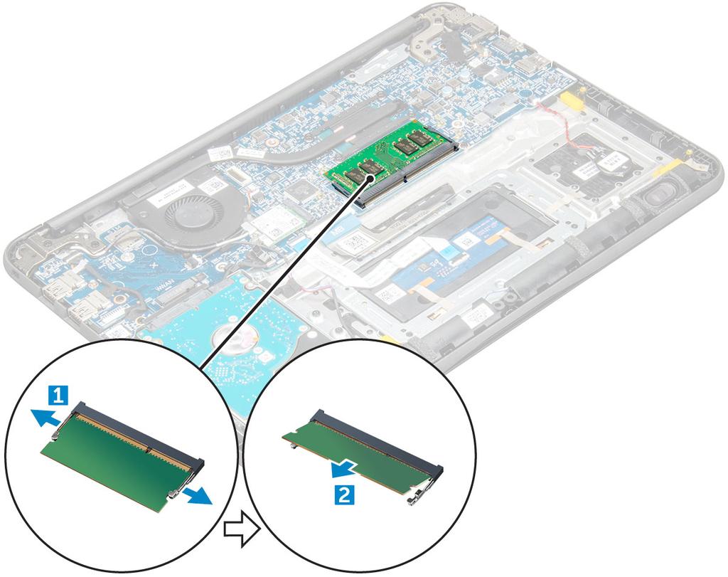 a b c Karta MicroSD pokrywa dolna akumulator 3 Aby wymontować moduł pamięci, wykonaj następujące czynności: a Rozciągnij zatrzaski modułu pamięci [1]. b Wyjmij moduł pamięci z płyty systemowej [2].