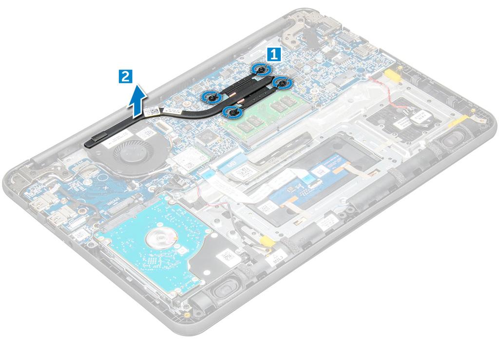 a b c Karta MicroSD pokrywa dolna akumulator 3 Aby wymontować radiator: a Poluzuj wkręty (M2.5x2.5) mocujące radiator do komputera [1]. UWAGA: Poluzuj wkręty naprzemiennie (po przekątnej).