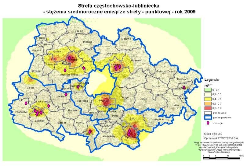 Rysunek 1-24 Stężenia średnioroczne emisji pyłu zawieszonego PM10 na obszarze strefy częstochowsko - lublinieckiej pochodzących ze źródeł punktowychw 2009 roku (źródło: opracowanie własne na
