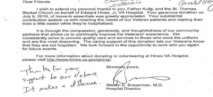 The following le ers from the DEPARTMENT OF VETERANS AFFAIRS not only congratulate and thank St. Thomas Becket but also re-enfore the importance of the MOVE-IN-ESSANTIALS drive for needy veterans.
