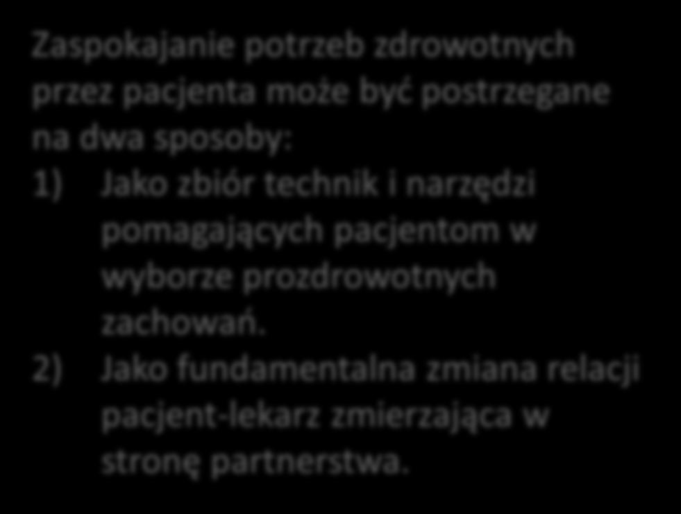 Zaspokajanie potrzeb zdrowotnych przez pacjenta Zaspokajanie potrzeb zdrowotnych przez pacjenta może być postrzegane na dwa sposoby: 1)