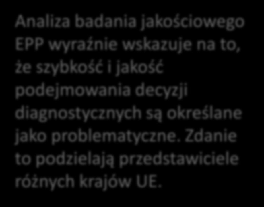 Wyniki te korespondują z badaniami prowadzonymi w ramach projektu EcoQUIP, z których wynika, że wczesna diagnoza określana jest jako jeden z kluczowych wymagań w ochronie zdrowia.