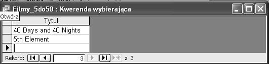 62 Access 2003 PL. Ćwiczenia praktyczne Rysunek 4.9. Kolumna przechowująca dane wykorzystane do wybierania wierszy nie musi zostać wyświetlona w wyniku kwerendy 7. Wyświetl kwerendę w Widoku SQL.