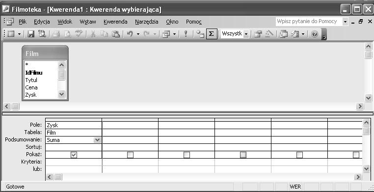 64 Access 2003 PL. Ćwiczenia praktyczne 4. Uruchom kwerendę, a następnie wyświetl tworzącą ją ianstrukcję SQL. Powinna ona wyglądać następująco: 5. Zapisz kwerendę pod nazwą Filmy_Aktorzy.