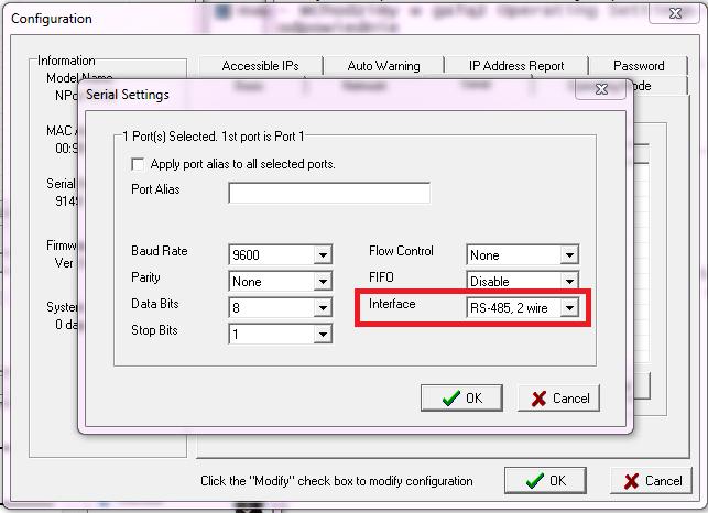 8) Następnie zaznaczamy interesujący nas port i klikamy Settings bądź 2 razy lewy przycisk myszy, 9) Pokaże się okno Serial Settings, gdzie w polu Interface spośród dostępnych opcji