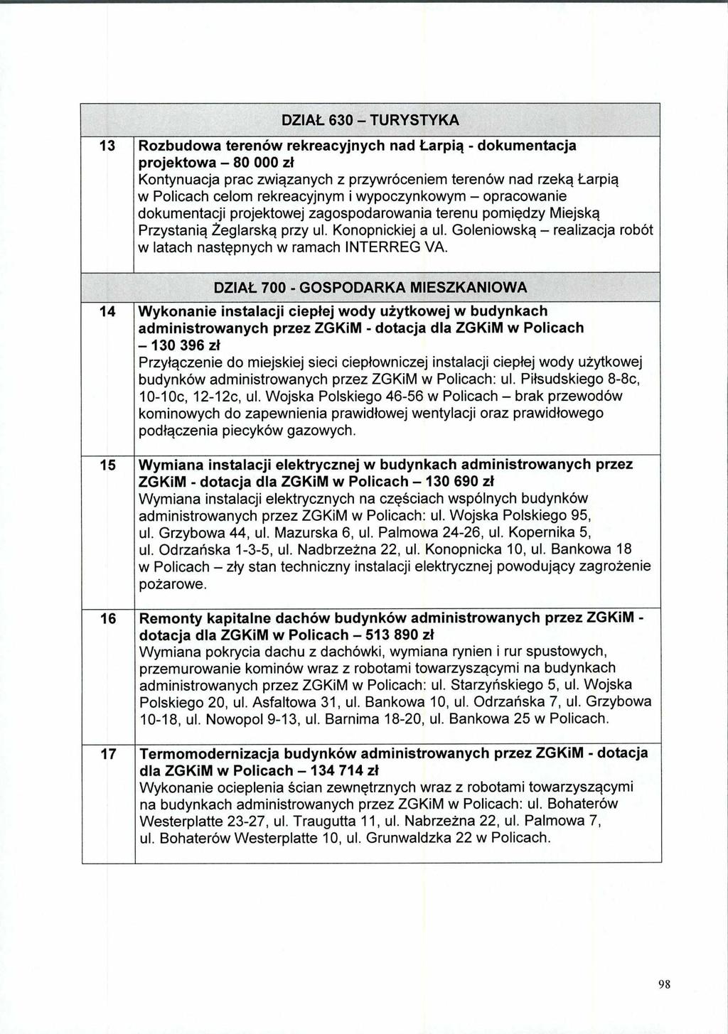 DZIAŁ 630 TURYSTYKA 13 Rozbudowa terenów rekreacyjnych nad Łarpią - dokumentacja projektowa 80 000 zł Kontynuacja prac związanych z przywróceniem terenów nad rzeką Łarpią w Policach celom