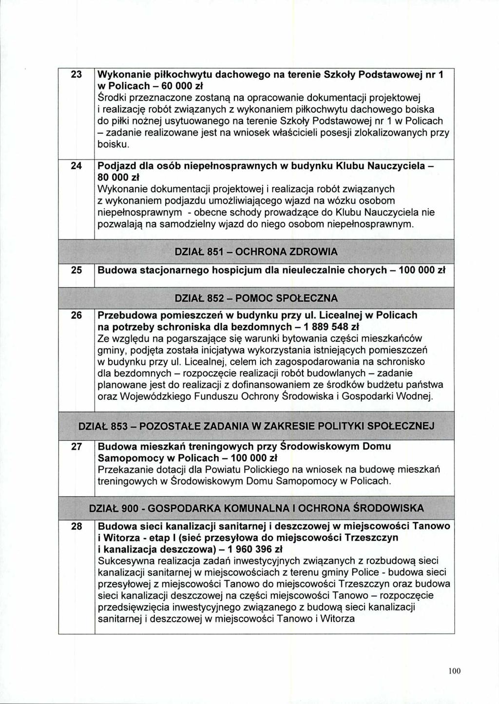 23 Wykonanie piłkochwytu dachowego na terenie Szkoły Podstawowej nr 1 w Policach 60 000 zł przeznaczone zostaną na opracowanie dokumentacji projektowej i realizację robót związanych z wykonaniem