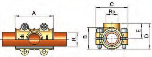 Mosiężne obejmy remontowonaprawcze do rur miedzianych Typ MB mosiężna dwudzielna obejma remontowo-naprawcza z odejściem z gwintem wewnętrznym Media: instalacje wodne i grzewcze Temperatura: woda