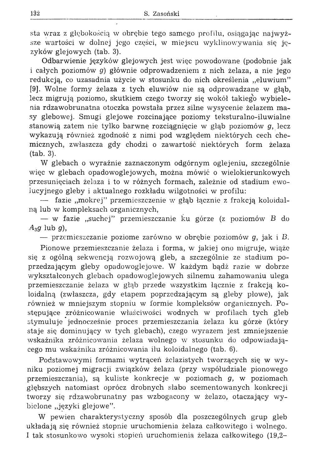 132 Ś. Zasoński sta w raz z głębokością w obrębie tego samego profilu, osiągając n ajw yższe wtartości w dolnej jego części, w m iejscu w yklinow yw ania się języków glejow ych (tab. 3).