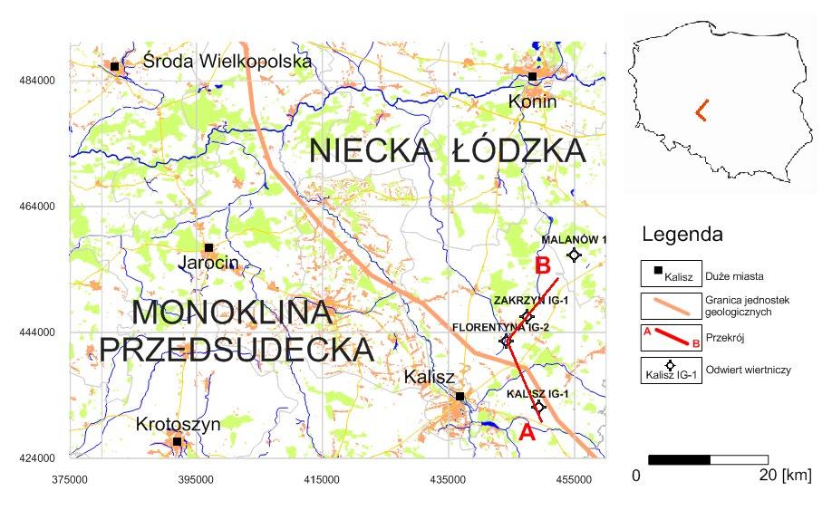 Rys. 1. Lokalizacja obszaru badań na tle głównych jednostek tektonicznych Polski (podział jednostek oznaczono przerywaną linią) Fig. 1. Location of the research area with the main Polish tectonic units (the division of units was marked by a dotted line) Rys.