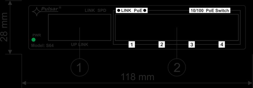 Rys.2b. Widok switch'a - tył Tabela 1. (patrz rys. 2) Element nr (Rys. 2) [1] Switch PoE [2] Złącze zasilania: 48 54VDC [3] Uchwyt na szynę DIN (80x50) Opis Rys. 3. Widok switch'a. Tabela 2.