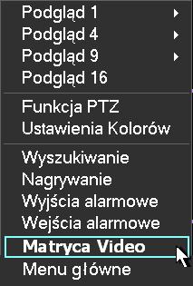 DODATKOWE POZYCJE MENU Rys. 5-34. Drugi sposób wejścia do Matrycy Video. Okno dialogowe jest różne dla różnych typów rejestratorów.