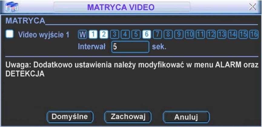Można tutaj: aktywować wyjście (trzeba zaznaczyć kwadrat po lewej stronie napisu Video wyjście 1 ) oraz wybrać kanały, które będą pojawiać się sekwencyjnie na tym wyjściu.