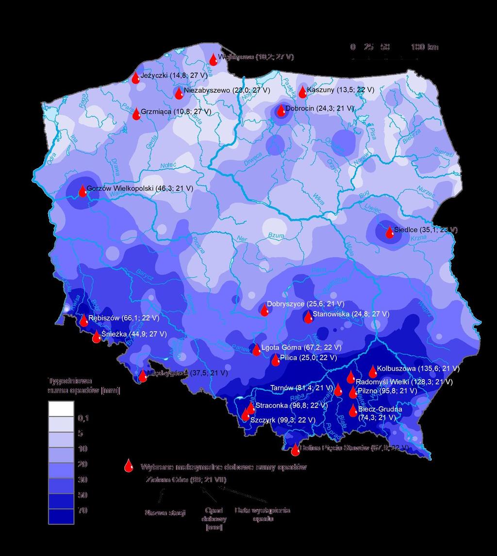 3. Rozkład tygodniowej sumy opadów oraz wybrane maksymalne