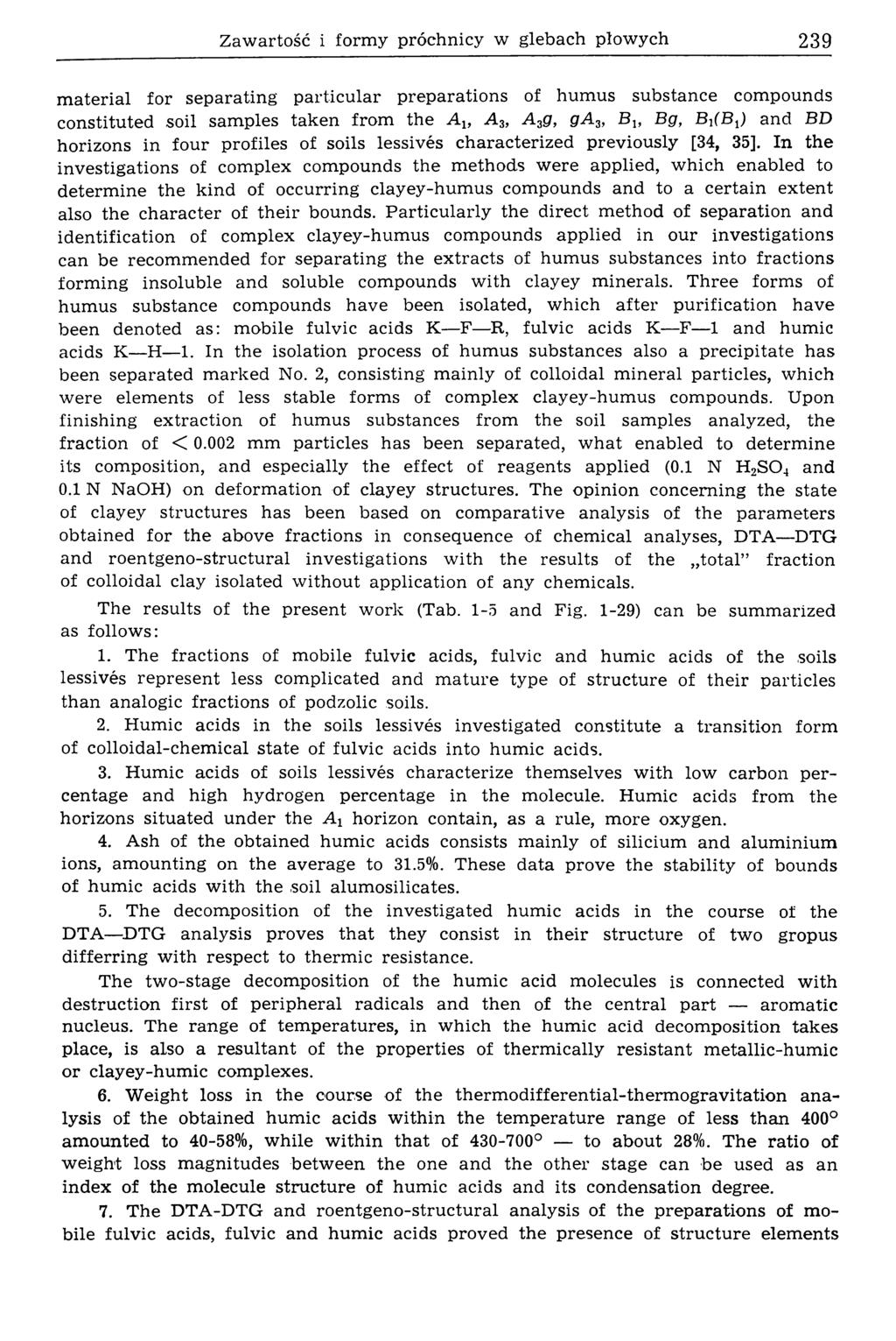 Zawartość i formy próchnicy w glebach płowych 239 m aterial for separating particular preparations of hum us substance compounds constituted soil sam ples taken from the A lf A 3, A 3g, g A 3, B b B