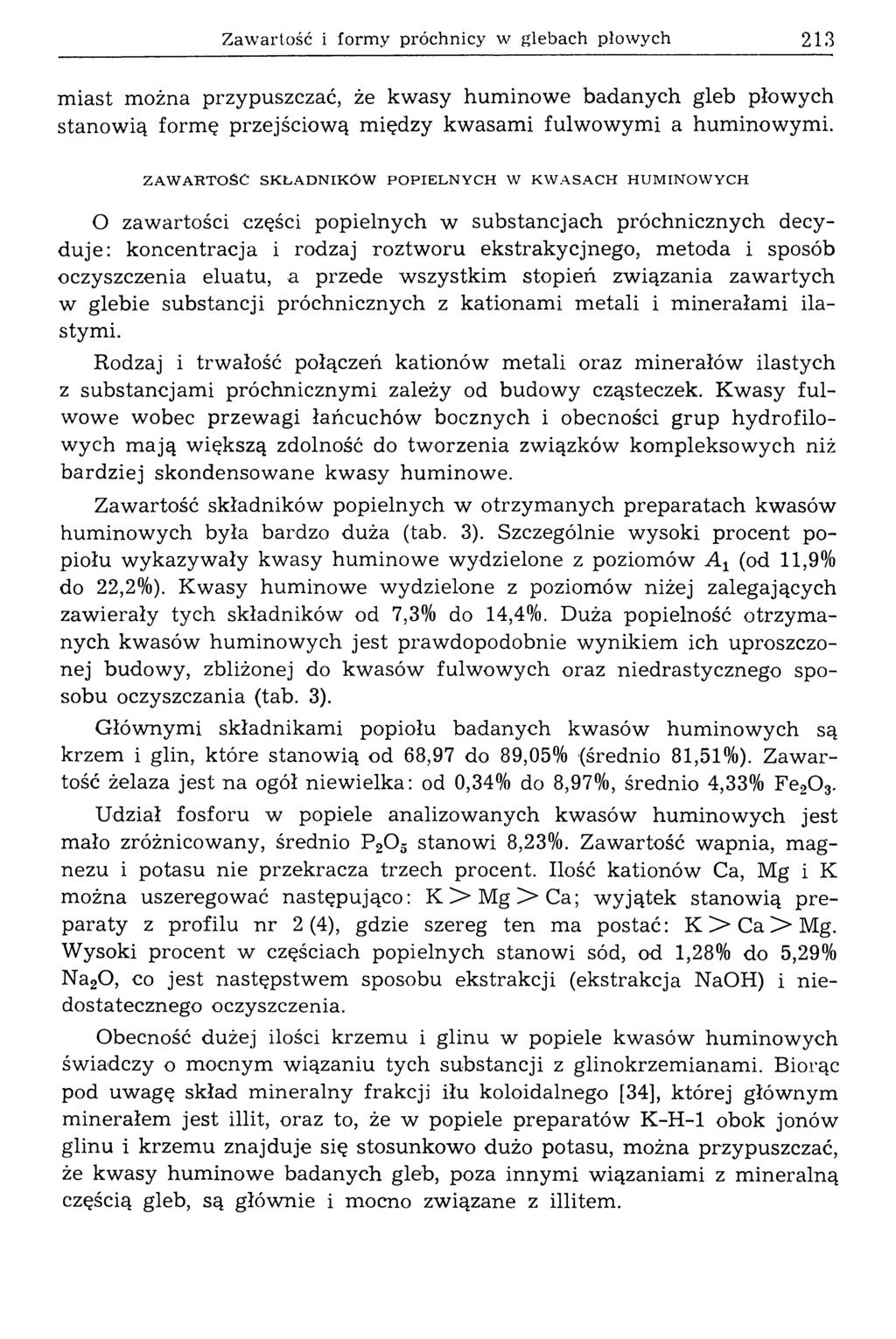 Zawartość i formy próchnicy w glebach płowych 213 m iast można przypuszczać, że kwasy huminowe badanych gleb płowych stanowią formę przejściową między kwasami fulwowymi a huminowymi.