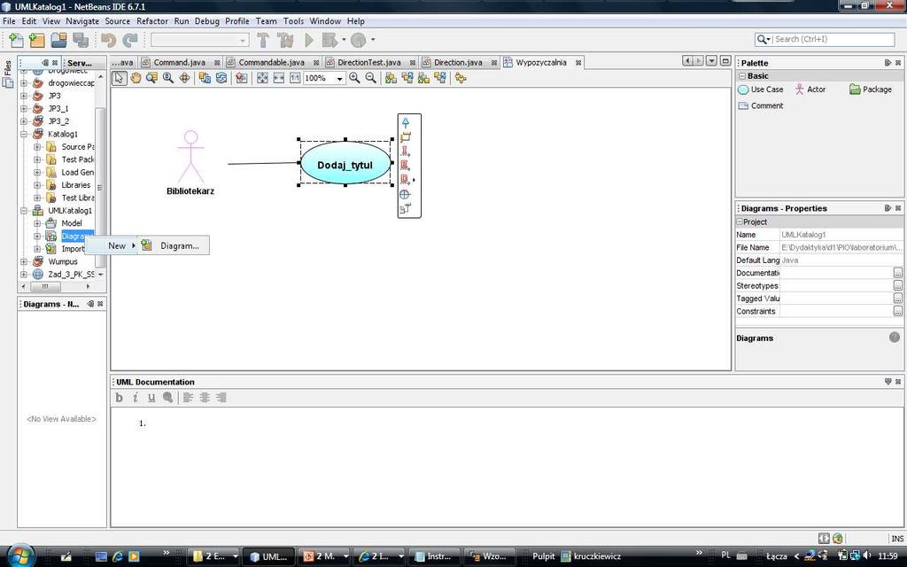 1) Dodawanie nowego diagramu do projektu UML Należy w oknie