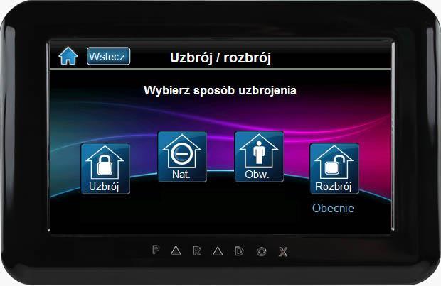 uzbrojenie obwodowe (częściowe) Rozbrój rozbrojenie systemu Po wybraniu rodzaju uzbrojenia (lub rozbrojenia) na ekranie pojawi się klawiatura należy wtedy wprowadzić swój kod dostępu.