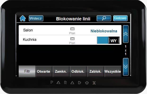 Blokowanie linii W określonych sytuacjach może zajść potrzeba uzbrojenia systemu z pominięciem określonej linii (np. w razie uszkodzenia czujnika).