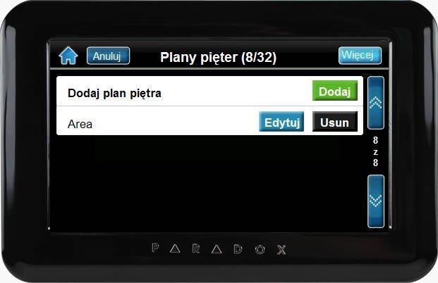 Plany pięter Klawiatury TM40 i TM50 mogą obsłużyć 32 plany pięter lub poszczególnych części obiektu. Z każdym planem mogą być powiązane wybrane linie (czujniki) alarmowe.