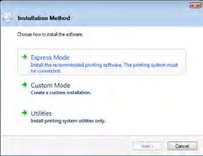 Express Mode: Jeśli drukarkę podłączono przez port USB lub połączenie sieciowe i jest ona włączona, program instalacyjny wykryje urządzenie.