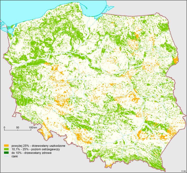 Największy poziom uszkodzenia drzew zanotowano w lasach Krainy Sudeckiej i Krainy Śląskiej: niski udział drzew zdrowych (7,3% i 3,1%), wysoki udział drzew uszkodzonych (24,8% i 23,7%) i najwyższa w