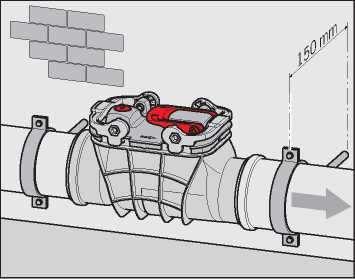 Montaż Zawory dla blokowania przepływu zwrotnego i czyszczaki do rur Triplex Montaż W przypadku mocowania do ściany: Przymocować uchwyty rur do ściany powyżej i poniżej urządzenia dla blokowania
