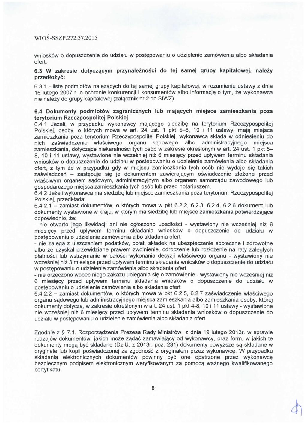 WTOS-SSZP.272.37.2015 wnioskow o dopuszczenie do udziatu w postepowaniu o udzielenie zamowienia albo sktadania ofert. 6.