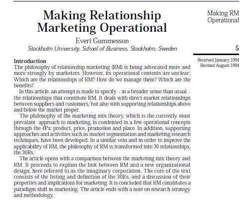 Evert Gummesson, (1994) "Making Relationship Marketing Operational",