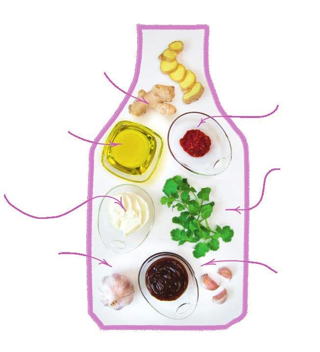 Orientalny dip BBQ Imbir świeży 150 g Oliwa z oliwek 50 ml Jogurt naturalny bez cukru - gęsty 300 g Pasta Harissa 50 g Kolendra świeża 50 g Czosnek 120