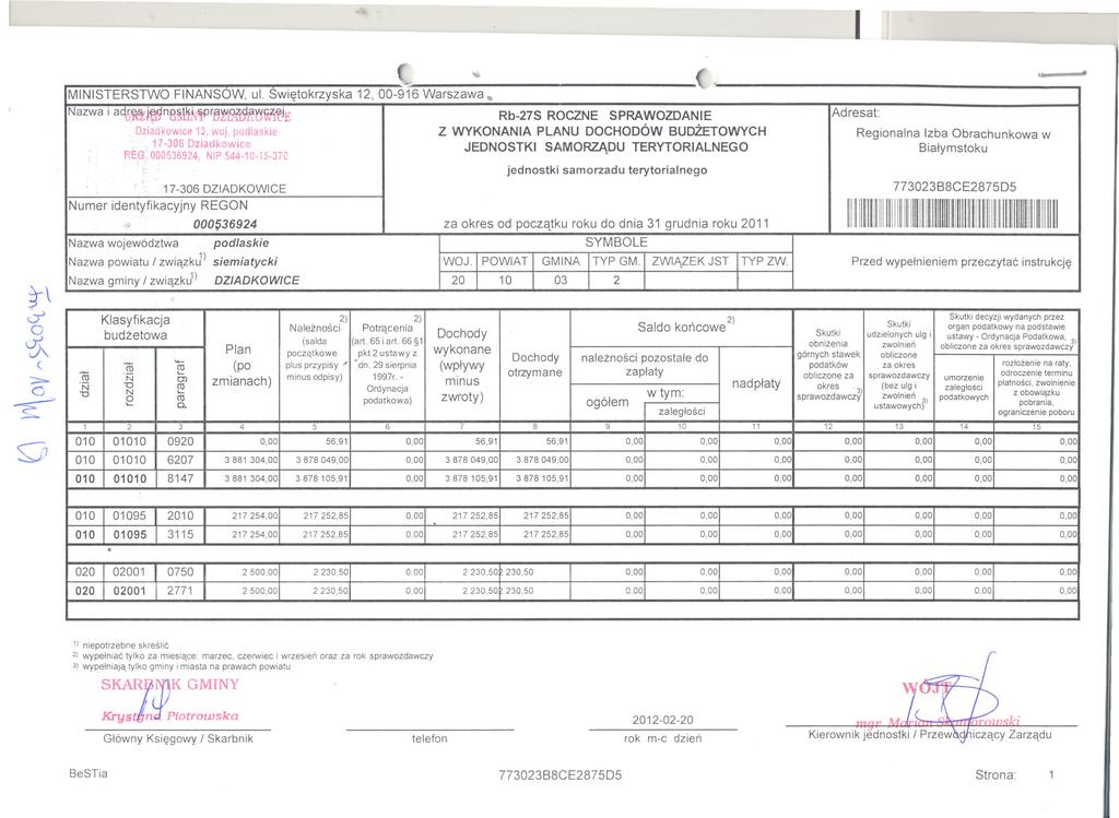 ~\?; ~ -:A ( :::- o ~ o MNSTERSTWO FNANSOW, ul Swietokrzyska 12, 00-916 Warszawa ( ',o ( Nazwa i ajwn8mmprm/riie Rb-27S ROCZNE SPRAWOZDANE Adresat: Dziadkowice13,wojpodlaskie Z WYKONANA PLANU