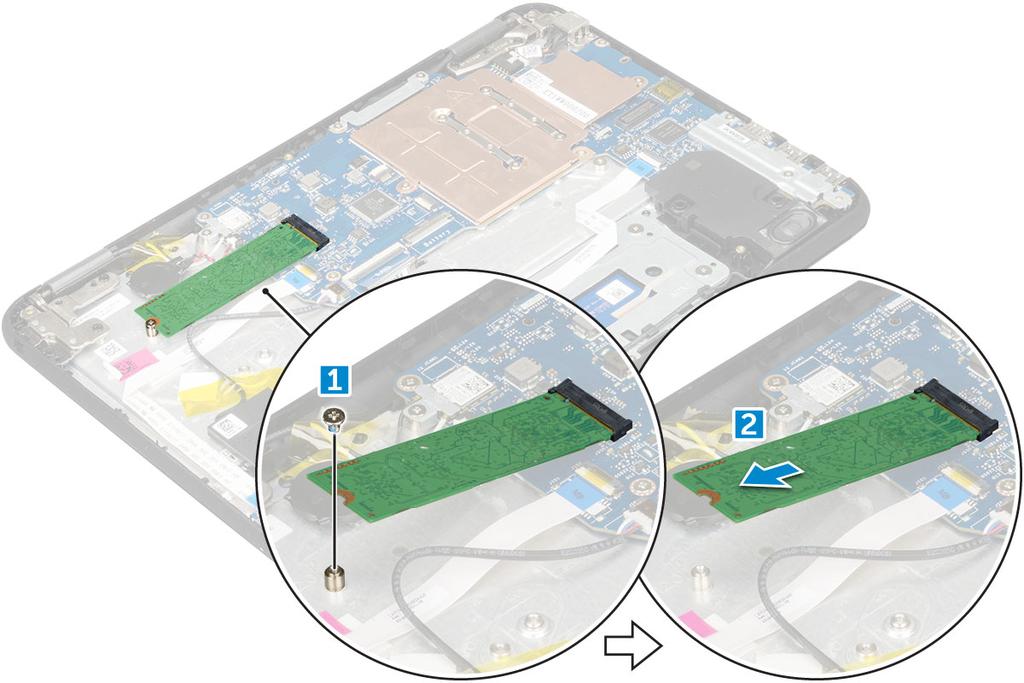 Instalowanie karty SSD M.2 UWAGA: Jeśli system jest dostarczany z kartą SSD, wykonaj następujące czynności. 1 Dopasuj wycięcie na karcie SSD do zaczepu na gnieździe karty SSD i wsuń kartę do gniazda.